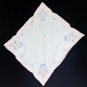 Vintage Linen Tablecloth Hand Embroidery Flower Baskets Crocheted Edges 38 X 34